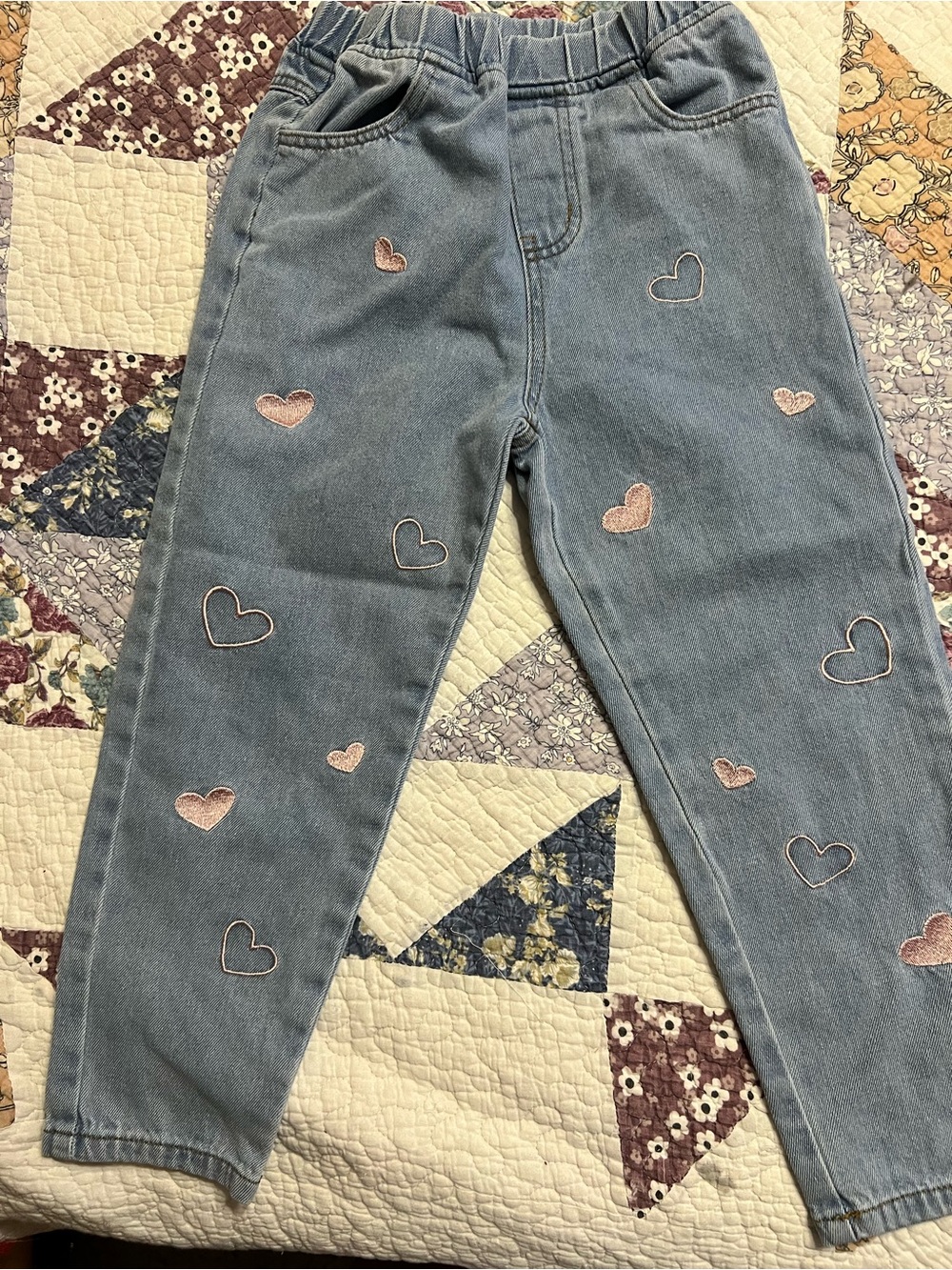 Girls Light Blue Denim Jeans with Pink Heart Embroidery